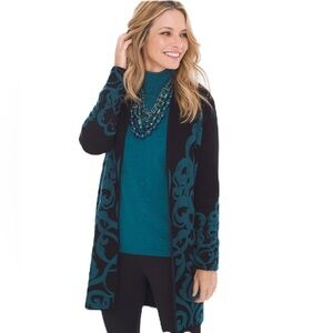 Chico’s Size 3 Open-Front Jacquard Cardigan Black Teal Thick Knit Chicos Size XL